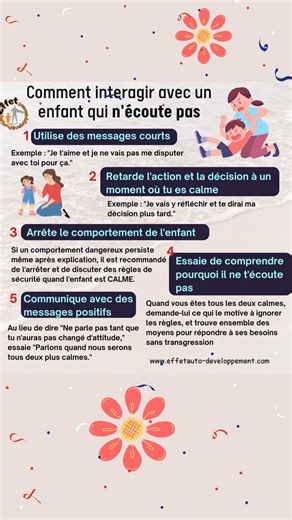 Comment interagir avec un enfant qui n'écoute pas Agir avec patience et compréhension envers votre enfant, même quand il n'écoute pas, renforce le lien de confiance entre vous et lui apprend à gérer ses émotions de manière saine, ce qui est essentiel pour son développement émotionnel et social. | Effet Auto-développement