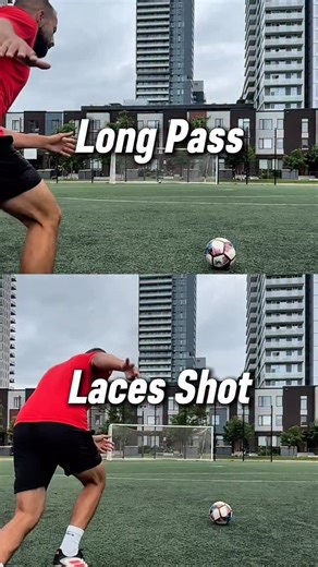 Laces Shot vs Long Pass Breakdown 👇🏼 Follow @sergiuskills The difference is in 3 key things: 1) Angle of the foot: Long Pass your foot is more on an angle, whereas in a Laces shot your heel should be up and toe down, almost 90 degrees. 2) Contact point: On a Long Pass, you want to contact underneath the ball mostly, whereas on a laces shot you want to strike the middle of the ball. 3) Follow through: On a Long Pass, you want to swipe underneath as if you are cutting the grass with your foot. W