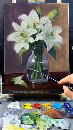 🎨 Painting Elegant White Lilies in a Glass Vase #huyhoihoaart #painting #acrylicpainting
