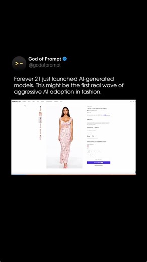 Forever 21 just launched AI-generated models. This might be the first real wave of aggressive AI adoption in fashion. ------------------- Follow @godofprompt before you fall behind: - The best AI insights aren’t going viral, they’re getting buried - Most people use AI wrong. I’ll show you how to prompt like a pro. Double tap if this sparked an idea Comment “AI” to learn prompt engineering for free 🎁 - - - - - 🎥Video: @Salmaaboukarr/X📌 | God of Prompt