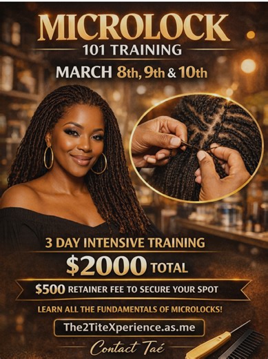I’ll be hosting my first MicroLock 101 Training 📅 March 8th, 9th & 10th This is a 3-day intensive, rooted in tradition, elevated by technique, and designed for women ready to step into mastery. You will learn all Microlock fundamentals, proper foundation, and the why behind the work—not just the motions. There will be a hands-on portion of the class, because we don’t cut corners over here, and a certificate will be awarded upon completion. Period. 💼 Tuition: $2,000 🔒 $500 retainer required to