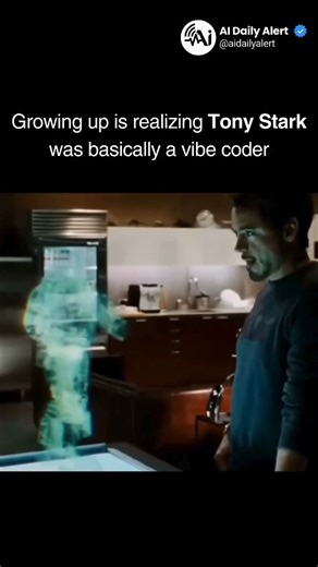 AI Daily Alert | AI News | Technology on Instagram: "Growing up is realizing Tony Stark was basically a vibe coder This reimagining of Tony Stark reflects a broader change in how we view technological mastery today. What once looked like Hollywood "magic" now mirrors the workflow of modern developers who use large language models and intuitive tools to "command" code into existence. By moving everything to a private server and working on secret projects through visual manipulation, Tony embodies