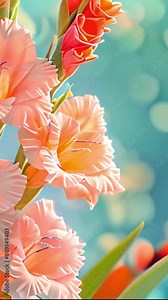 Gladioli, sword-Lilies, multicolored gladioli bloom the blue sky with sunlight shining. Close-up of gladiolus flowers. Bright gladioli bloom in summer. Large flowers and buds on a colorful sparkling b