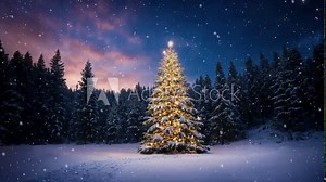 Christmas tree in the middle of forest in snowy winter. Christmas forest. Snowfall. Loop 4K. Winter landscape with Christmas tree. Christmas winter background. Snowfall outside. Desktop wallpaper