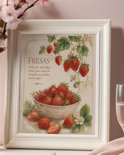 Strawberry Kitchen Wall Art Printable, Vintage Strawberry Poster, Fruit Wall Decor, Farmhouse Kitchen Print, Cottagecore Wall Art, Botanical - Etsy