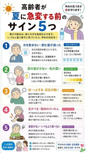 高齢者の夏の急変サインを早めに確認。脱水や熱中症を防ぐ一歩に。#高齢者ケア #熱中症予防 #脱水予防 #介護 #健康管理