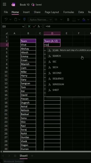 In excel use sort function