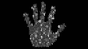 Digital Handprint. Binary code, pixels and a grid form the shape of a handprint.