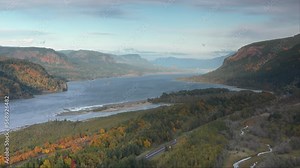 Cascade locks Columbia River Gorge scenic area water and highway near Portland Oregon.