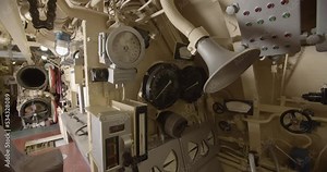 Submarine steering wheel. Сhair of navigator and actual management in submarineю Interior tour of combat submarine