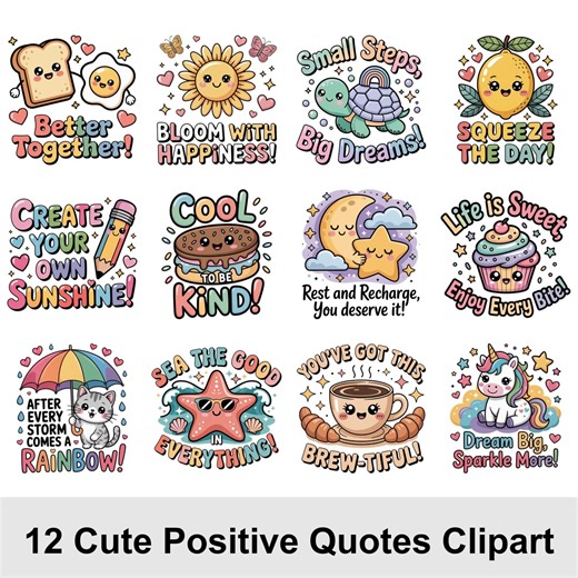 Kawaii Positive Quotes PNG Set | 12 Cute Affirmation Graphics for Planners | Motivational Quote Clipart | Commercial Use Digital Download - Etsy