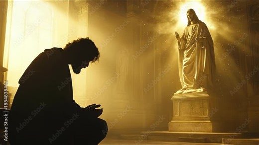 Devout worshipper kneeling in solemn prayer before a radiant statue of Jesus Christ in a sacred sanctuary, reflecting spiritual contemplation and hope during Holy Saturday vigil