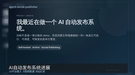 AI自动发布系统进展：10平台接入，X视频跑通，开始做B站实测