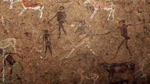 Ancient prehistoric rock painting known as the White Lady of Brandberg dating back at least 2000 years and located at the foot of Brandberg Mountain in Damaraland, Namibia, Africa.