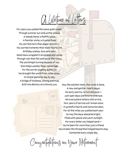 USPS Retirement Gift Printable Poem | Mail Carrier | Postal Worker | Mailman Mail Lady Keepsake - Etsy