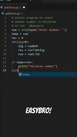 Palindrome Number in Python | EasyBro! #python #palindrome #shorts