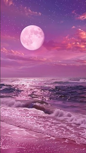 幻想的な夜の海の風景。水平線から大きなピンク色の満月が昇り、明るく輝いている。月の光が海面に反射して波を照らし、幻想的で夢のような雰囲気。空にはピンク色の雲が広がり、夜空は青と紫のグラデーション...
