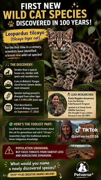 First new wild cat species discovered in 100 years! 🐱✨ For the first time in a century, scientists have identified a brand new wild cat species: the Leopardus tilcayo (tilcayo tiger cat)! 🔬 The Discovery: • Smaller than a typical house cat, slender with spots and rounded ears • Lives in Bolivia's Yungas cloud forest (where Andes meet Amazon) • Genetic testing proved it diverged from other tiger cats 1.4 MILLION years ago • First described in Current Biology journal on September 17, 2026 ‍🔬 Le