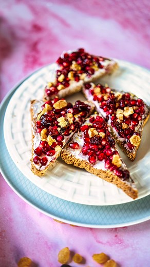 **Pomegranate Toast Recipe** This ultimate Pomegranate Toast is a super delicious, fun, and easy-to-make breakfast that you can put together in just five minutes. Get step-by-step picture recipe here: https://www.mygingergarlickitchen.com/pomegranate-toast/ Ingredients: - 4 tablespoons goat cheese or cream cheese - 4 slices whole-grain bread - 8 tablespoons pomegranate arils - 3 teaspoons toasted walnuts/pecans - 3 teaspoons dried cranberries, chopped - 2 teaspoons lemon zest - 2 teaspoons honey
