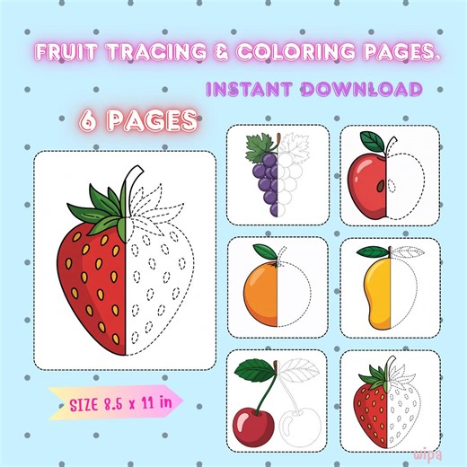 Coloring Pages,fruit Tracing for Kids,preschool Printable Worksheets,pdf Instant Download (8.5x11 In) - Etsy