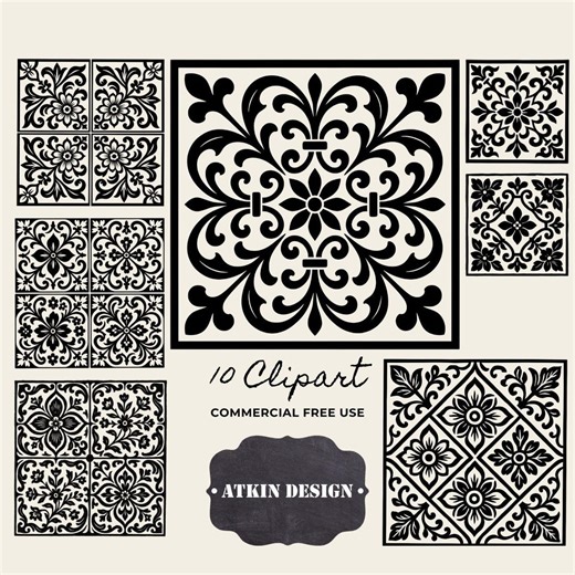 Lino Style Tiles - Azulejos Mosaic Tile Clipart - Black and White Floral Tile Elements - Etsy