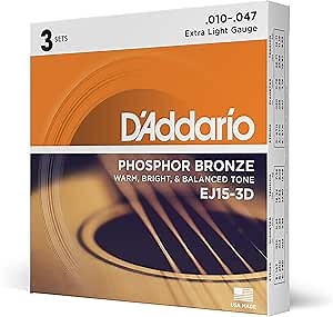 D'Addario Acoustic Guitar Strings, Phosphor Bronze, EJ15-3D, Extra Light Gauge 10-47, 6-String Set, Pack of 3