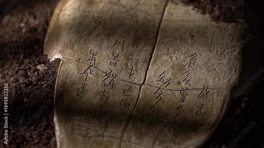 Close-up of oracle bone inscriptions carved on turtle shells, representing ancient Chinese pictographic writing. The image highlights the origin of Chinese characters, ancient civilization, and histor