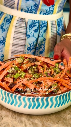 Mediterranean-Style Carrot Salad For the Salad ▢1 pound carrots, trimmed and peeled ▢3 green onions, trimmed and thinly sliced (both white and green parts) ▢1/2 cup roughly chopped mint leaves, plus more for garnish ▢1/4 cup roughly crushed pistachios, plus more for garnish ▢2 Medjool dates, pitted and chopped into small bits ▢1 tablespoon toasted sesame seeds For the Dressing ▢1 garlic clove, minced ▢1 to 2 tablespoons tahini ▢1 lemon, juiced ▢1 teaspoon honey ▢2 tablespoons water ▢1/2 teaspoon