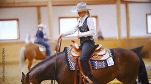 Attractive female western rider at a horsemanship competition 4K. Long shot side view of cowgirl in focus riding quarter horse inside the riding arena. More riders in the background out of focus.