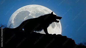 Wolf howling at the full moon in a dark forest during nighttime