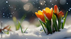 Early spring flowers starting to grow under the snow during sunny day