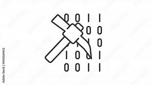 Data mining line animation. Source code animated icon. Moving pickaxe, changing numbers. Dataset, programming. Black illustration on white background. HD video with alpha channel. Motion graphic