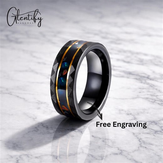 Men's Tungsten Opal Ring, Rose Gold Inlay Wedding Band, Comfort Fit Bands (free Engraving) - Etsy