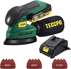 TECCPO Detail Sander, 20V Sander with 12Pcs Sandpapers, 2.0Ah Battery with Fast Charger, 12000 OPM with Efficient Dust Collection System, Cordless Design Ideal for Woodworking/DIY Project
