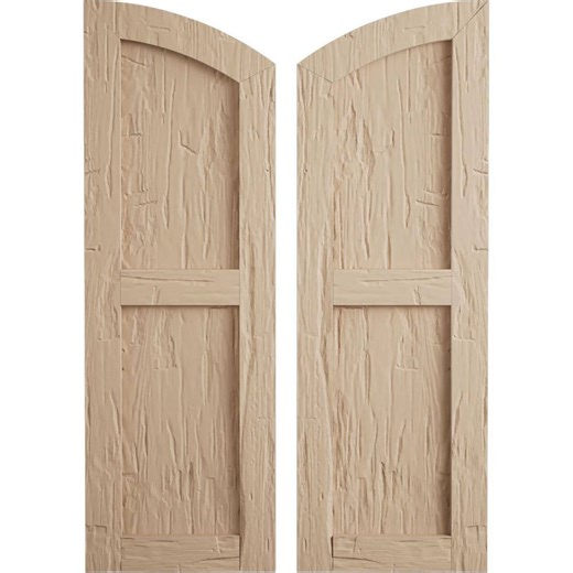 Check The Home Depot's Q&A Before Buying: Ekena Millwork Faux Wood 18 in. x 56 in. Timberthane 2 Equal Flat Panel Elliptical Top Polyurethane Shutters Primed Tan in Hand Hewn
