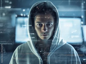 Cybersecurity Enigma: A determined programmer shrouded in mystery, their eyes gleaming with focus as they navigate a digital world of code and data. The image is evocative, hinting at the complexitie