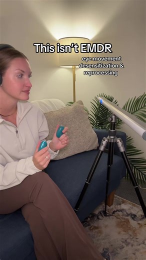 This is just bilateral stimulation. Bilateral stimulation is used in phases 4 5 of EMDR, but looking at a moving light on its own is not EMDR. 👀 EMDR is an 8 phase trauma therapy that helps you to desensitize and reprocess distressing experiences. Bilateral stimulation can feel either calming or activating based on the speed, type, & a persons unique physiological responses. Some other forms of bilateral stimulation include moving your eyes side to side as you go for a walk or read a book, list