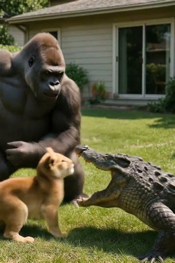 Gorilla with Mjolnir Protects a Lion Cub from an Alligator!