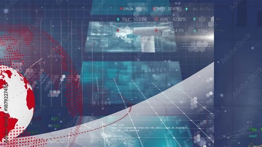 Red-white globe emitting red path, causing steps sliding and charts updating, showing market data