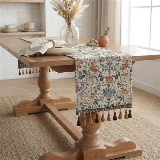 Macrame Table Runner, Bird Floral Tapestry, Tassels, Boho Farmhouse Dining Decor - Etsy