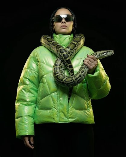 DiAna | AI Content creator on Instagram: "On croit encore que l’IA sert juste à “gagner du temps”. Alors qu’en réalité… elle peut créer des mondes entiers. 🐍🖤 Ce shooting n’existe pas. Et pourtant… il est réel. Un avatar. Un python. Un univers Venom x Nike. Tout ça créé avec l’IA. Avant, je pensais que l’IA servait juste à automatiser, tester, optimiser. Aujourd’hui, je comprends que c’est un outil de vision. Avec l’IA, tu peux : – Donner vie à une identité que personne n’ose imaginer – Créer