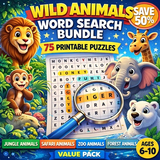 Wild Animals Word Search Bundle – 75 Safari, Jungle, Zoo Puzzles (digital Download) - Etsy