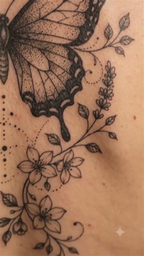 Elegant Dotwork Butterfly Tattoo | Botanical Back Piece Inspiration