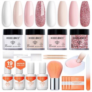Modelones Dip Powder Nail Kit, 4 Colors White Nude Pink Glitter Dipping Starter Set with Liquid and Complete Accessories for French Nails Art Salon DIY at Home Manicure
