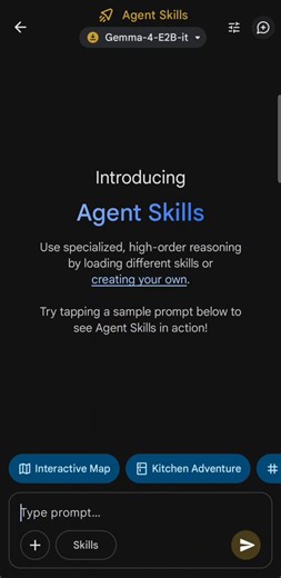 As part of the Gemma 4 release, we're launching Agent Skills: an Android app experience where you can import different skills and have Gemma 4 E2B reason and use the skills!Running entirely in the phone, available in the Google PlayStore. Try it now!