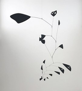 “[Calder’s] mobiles are always composed (intuitively no doubt) to present an esthetic contrast between the static form they offer and the conceptual volumes their movements describe,” writes James Johnson Sweeney. “At the same time there is always a relationship conscientiously observed between the shapes of mobile elements employed and the spirit of their movement ... Calder’s genius, in other words, is his ability to feel himself into his expression physically and to compose his work in respon