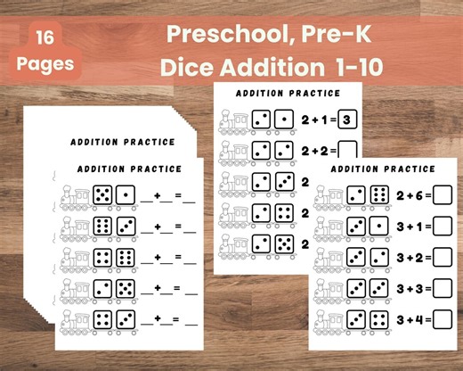Addition Worksheets 1–10 | Early Math Practice for Preschool & Kindergarten Printable PDF Funny Train and Dice - Etsy