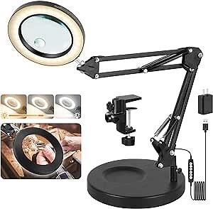 5X/10X Magnifying Glass with Light, 2-in-1 Magnifying Desk Lamp with Sleep & Timer Mode, 3 Color Stepless Dimmer Magnifier Light with Stand for Hobby Craft Reading Painting Close Work
