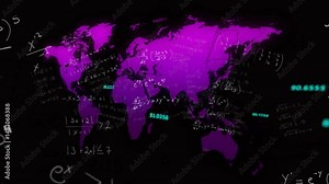 Purple world map silhouette overlaying algebraic equations and neon numbers in dark virtual display Stock Video