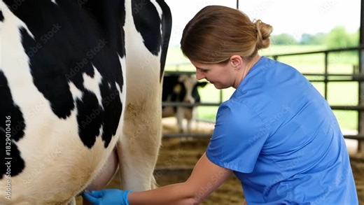 Female Dairy Farmer Milking Cow in Modern Barn Environment